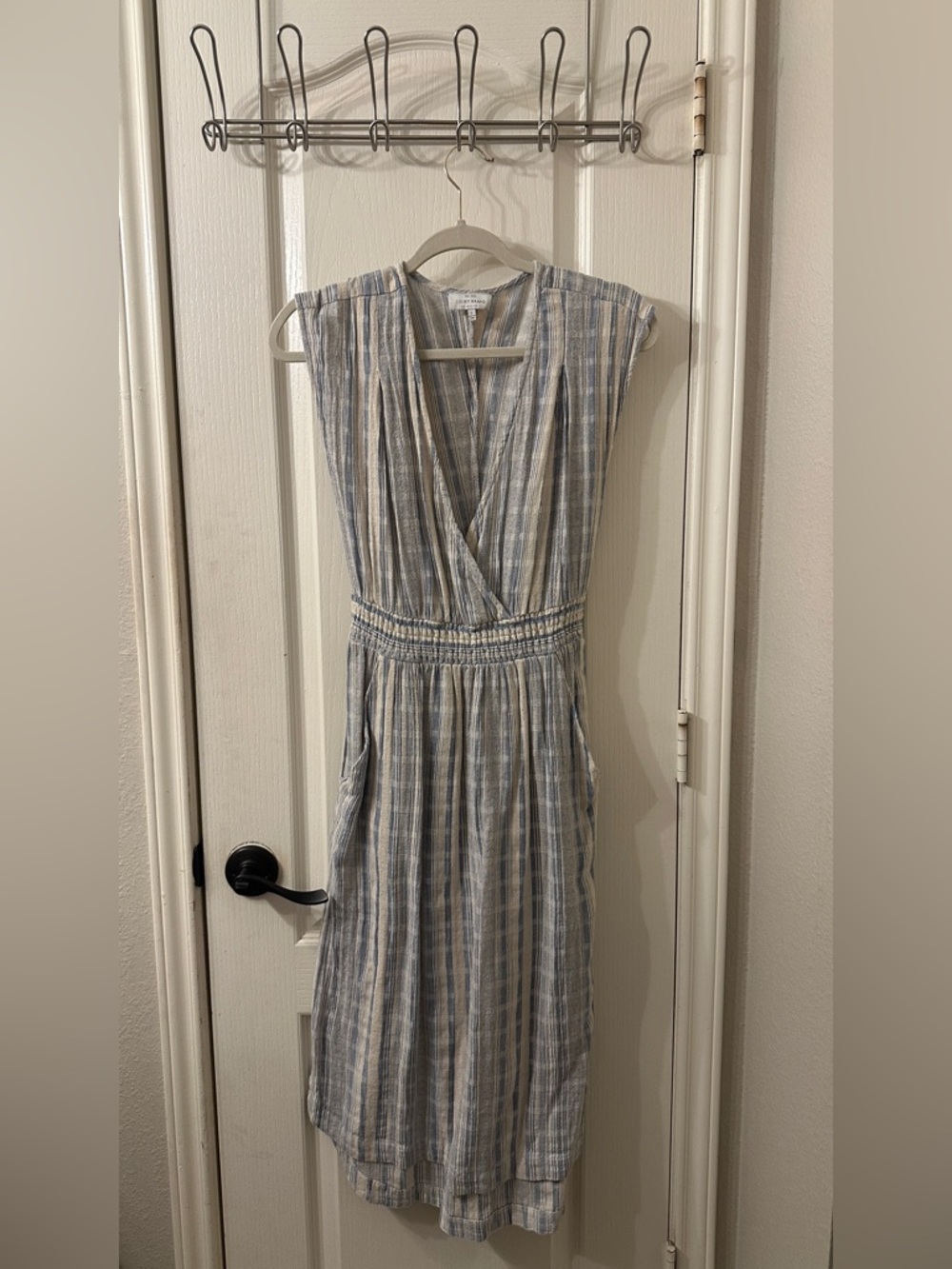 Lucky Brand Light Blue Striped V-Neck Smocked Waist Women's Dress with pockets